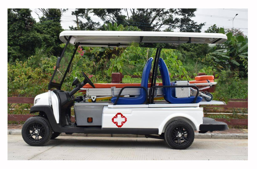 รถกอล์ฟไฟฟ้า 3 ที่นั่ง รุ่น AMBULANCE M สามารถใช้เพื่อขนผู้ป่วยภายในโรงพยาบาลได้